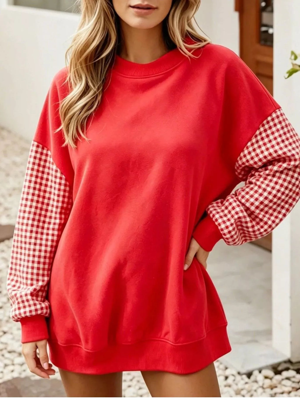 Contrast Gingham Long Sleeve Sweatshirt - Lilixa.store