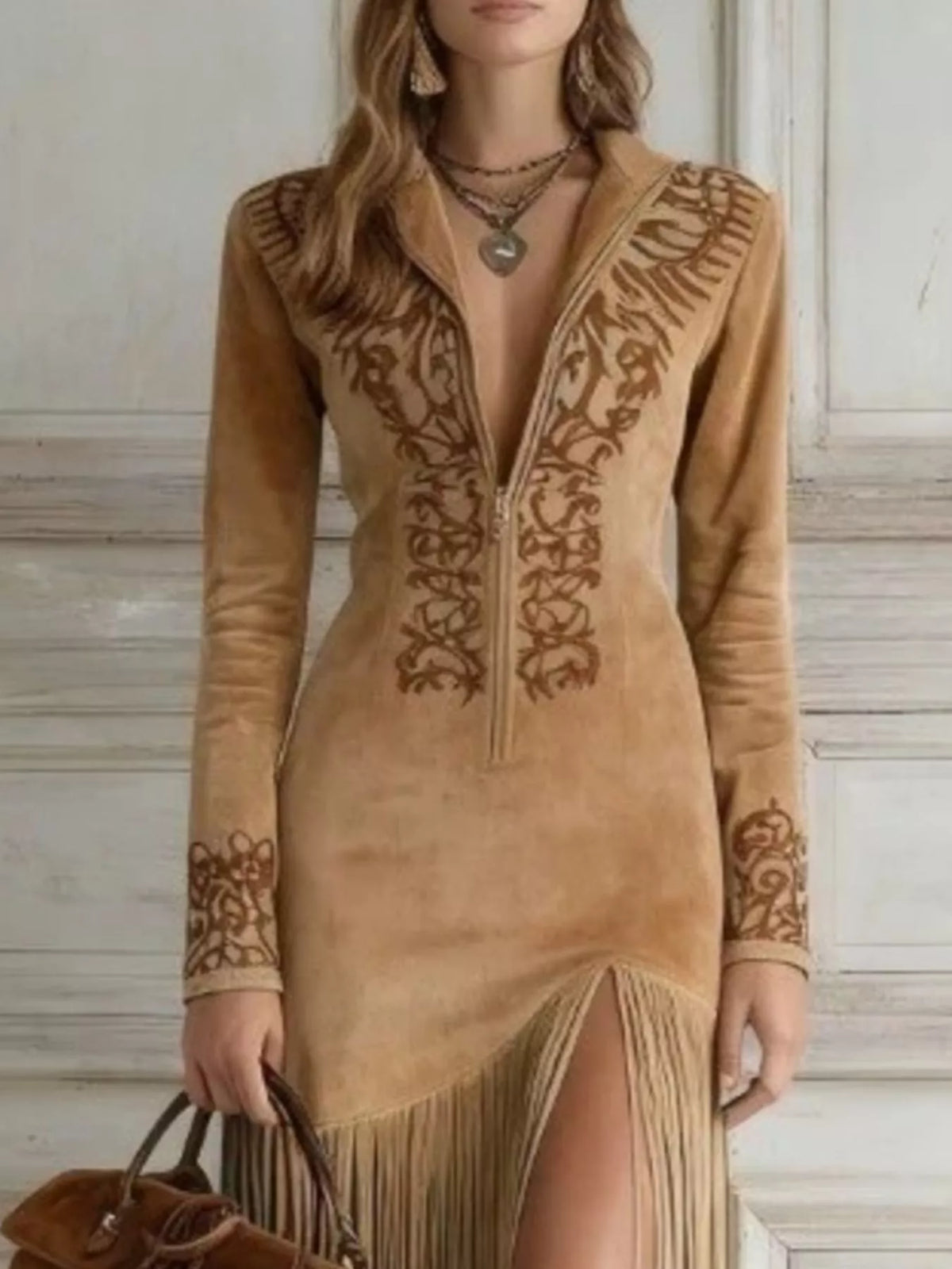 Full Size Western-Inspired Suede Fringed Maxi Dress with Embroidered Detailing Plus Size in Camel, view 2