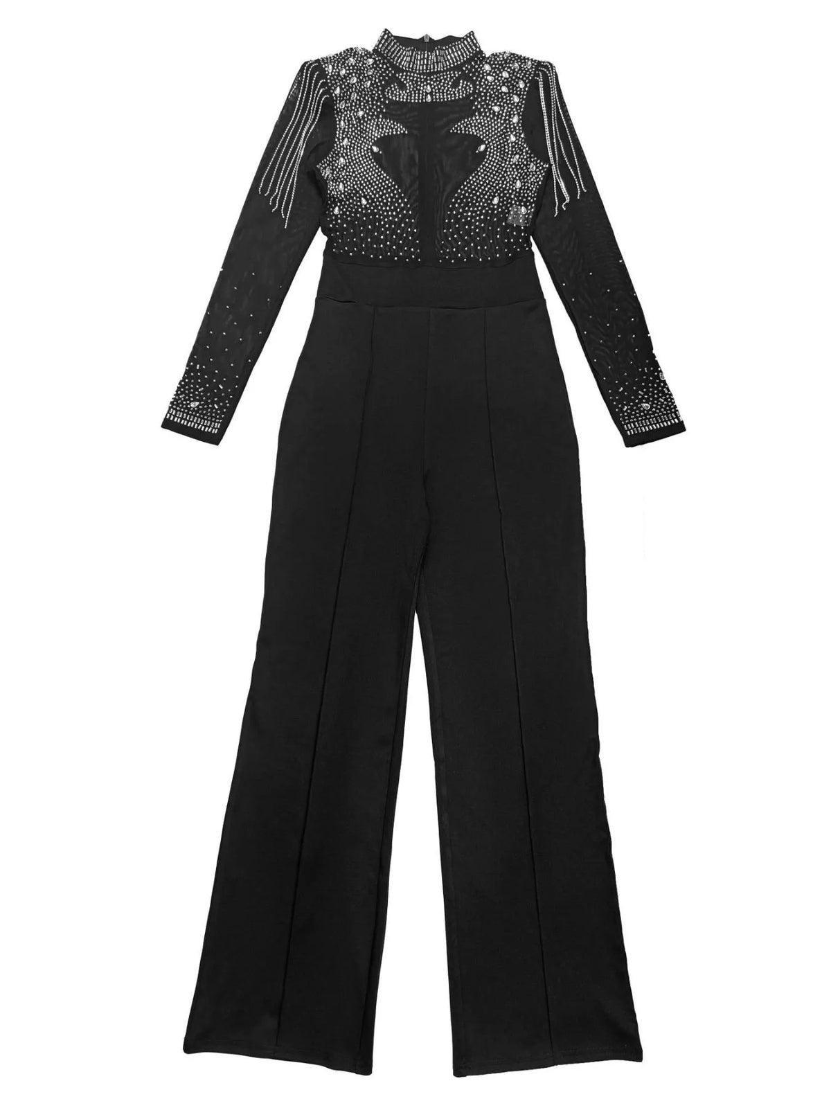 Rhinestone Embellished Mesh Long Sleeve Jumpsuit in Black, view 5
