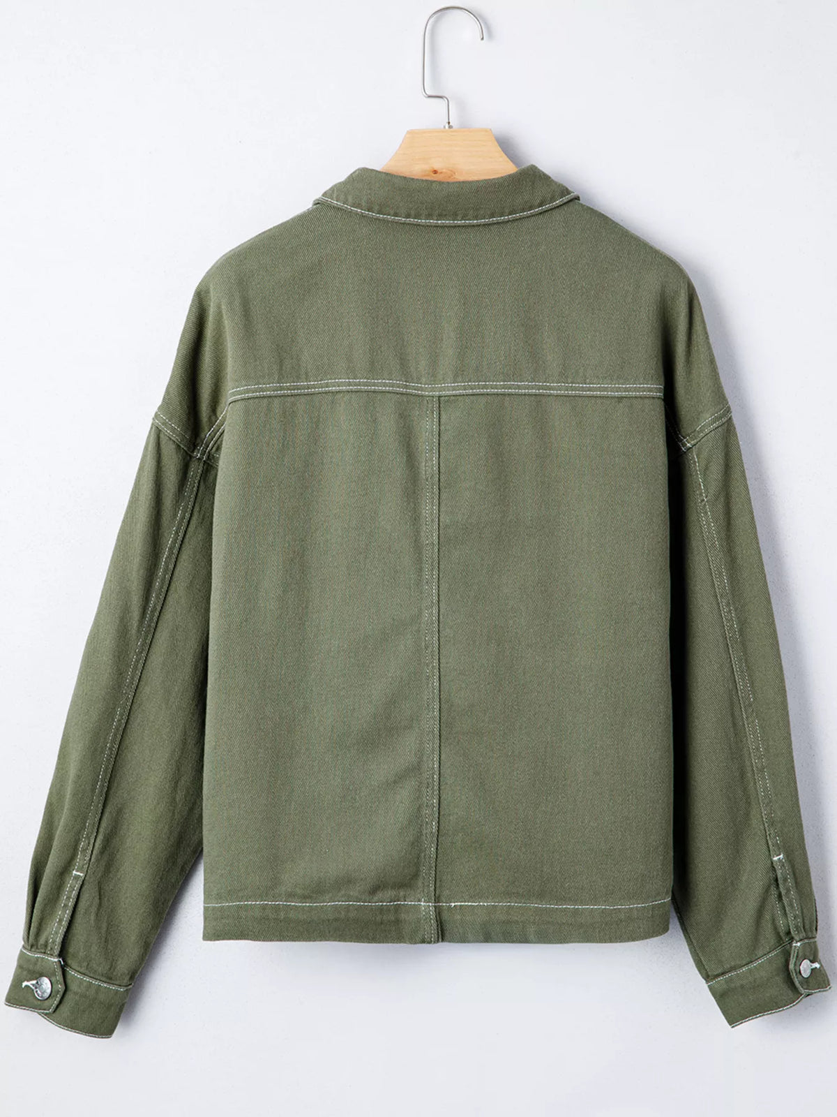Patched Pocket Collared Button Front Boyfriend Denim Jacket in Moss, view 7