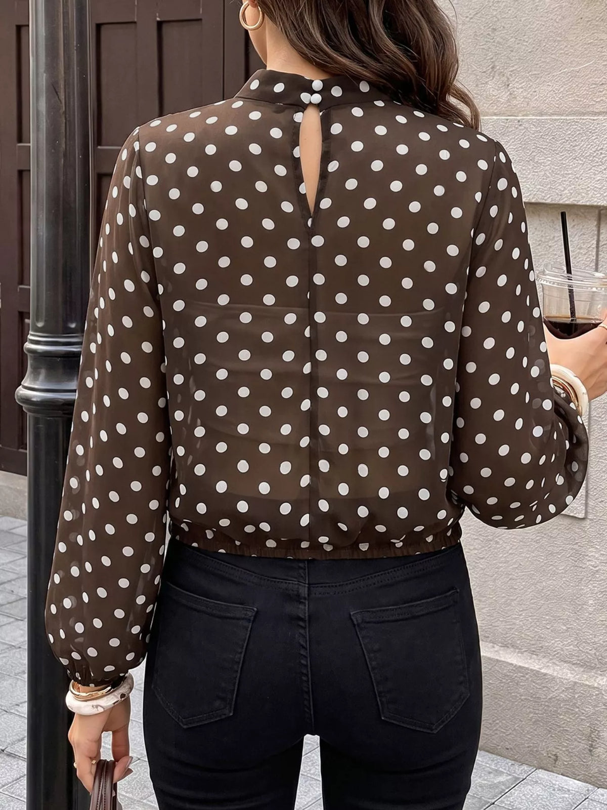 Polka Dot Mock Neck Long Sleeve Blouse - Lilixa.store