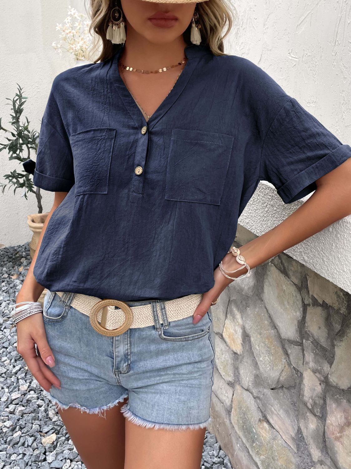 Perfee Buttoned Notched Neck Cuffed Sleeve Blouse, view 2