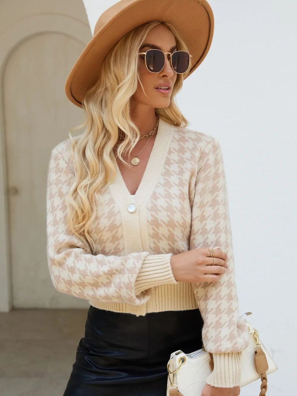 Houndstooth Button Up Long Sleeve Cardigan - Lilixa.store