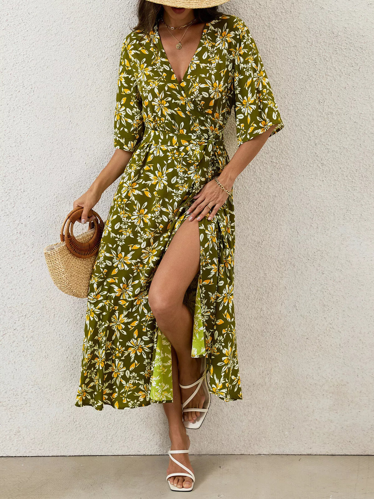 Slit Printed Surplice Midi Dress - Lilixa.store