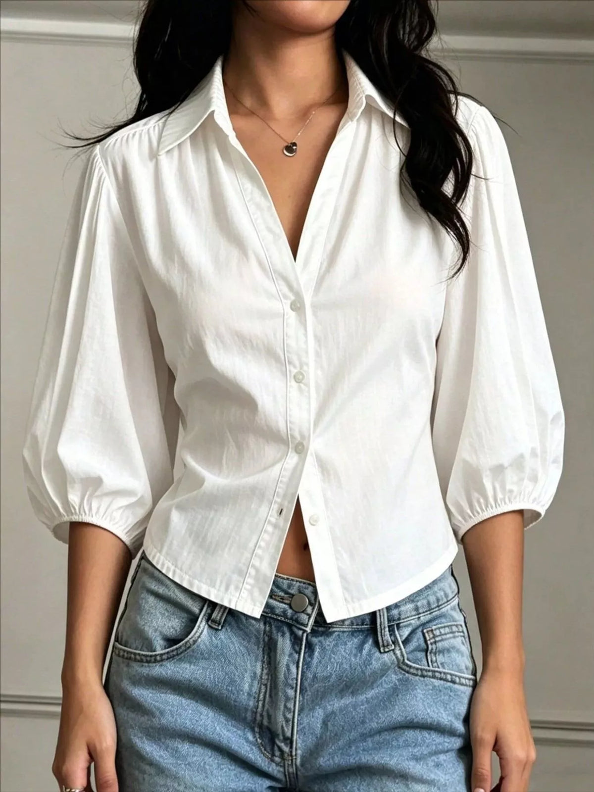 Button-Down Shirt with Puff Sleeves, view 2