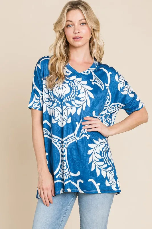 BOMBOM Printed Relaxed V-Neck Tunic Top - Lilixa.store