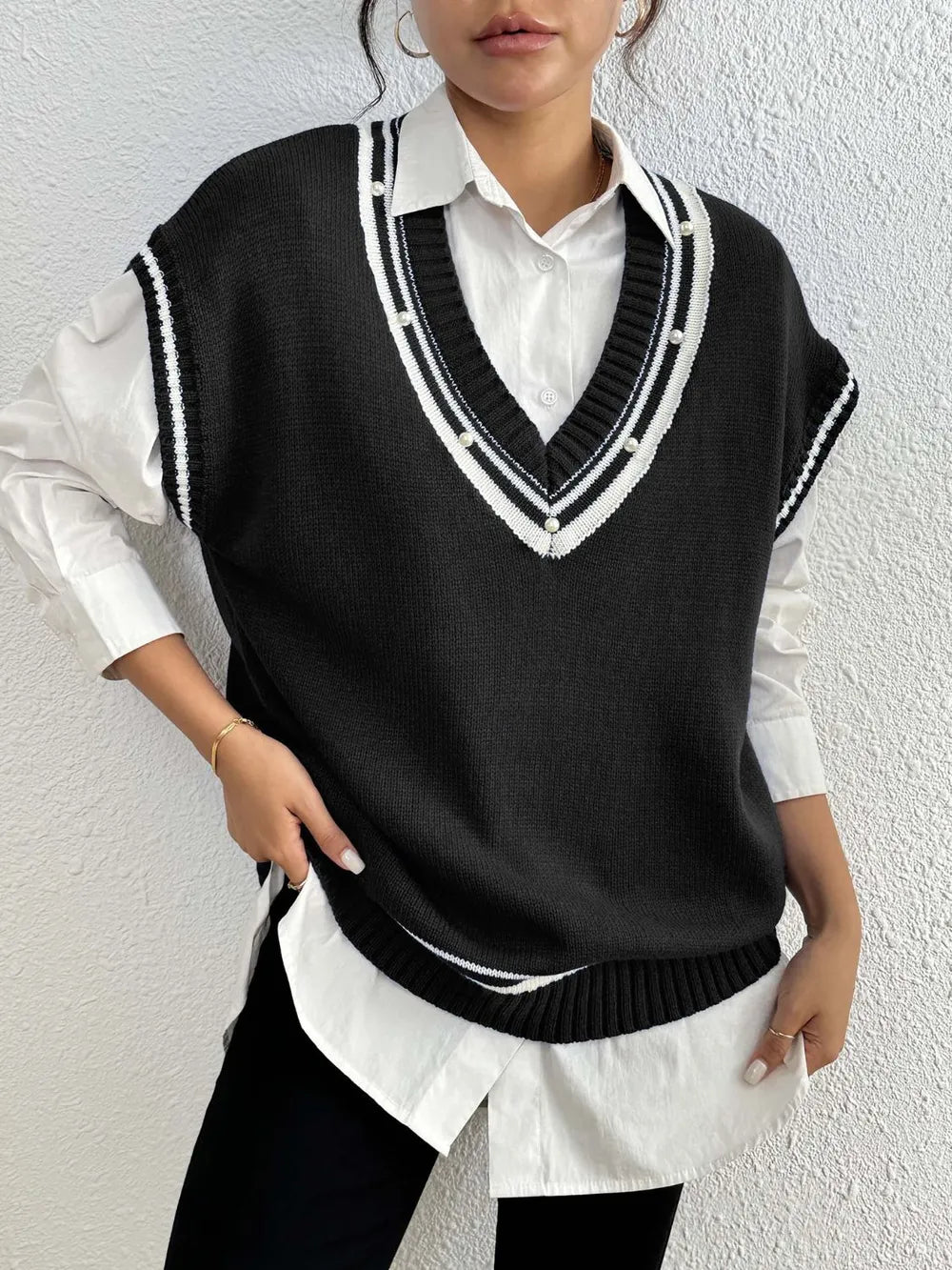 Pearl Trim Contrast V-Neck Sweater Vest, view 9