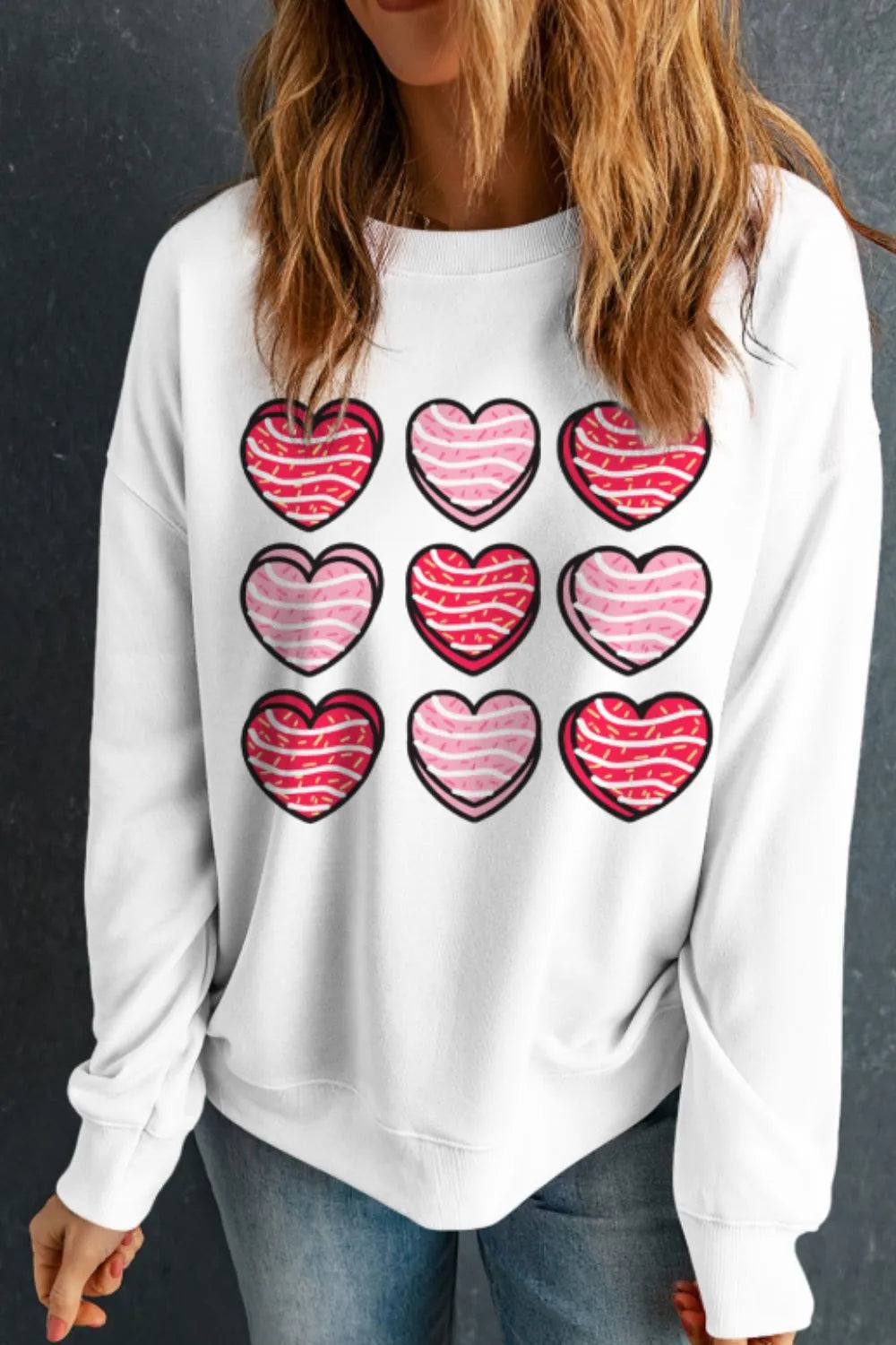 Valentine's Day Heart Round Neck Long Sleeve Sweatshirt - Lilixa.store