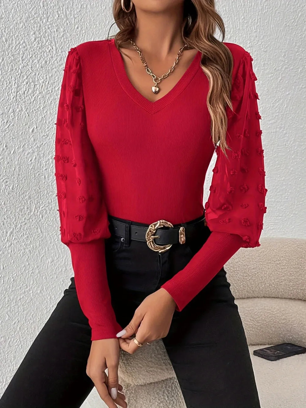 Swiss Dot V-Neck Long Sleeve Top - Lilixa.store