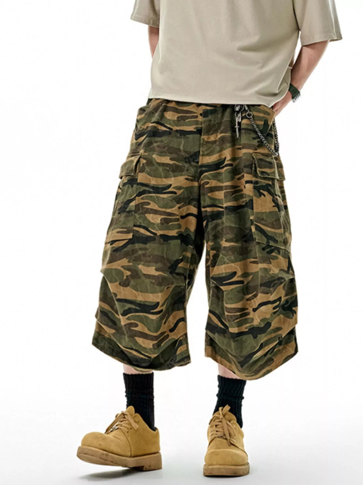 Men's Camo Cargo Culottes Shorts in Olive Brown, view 3