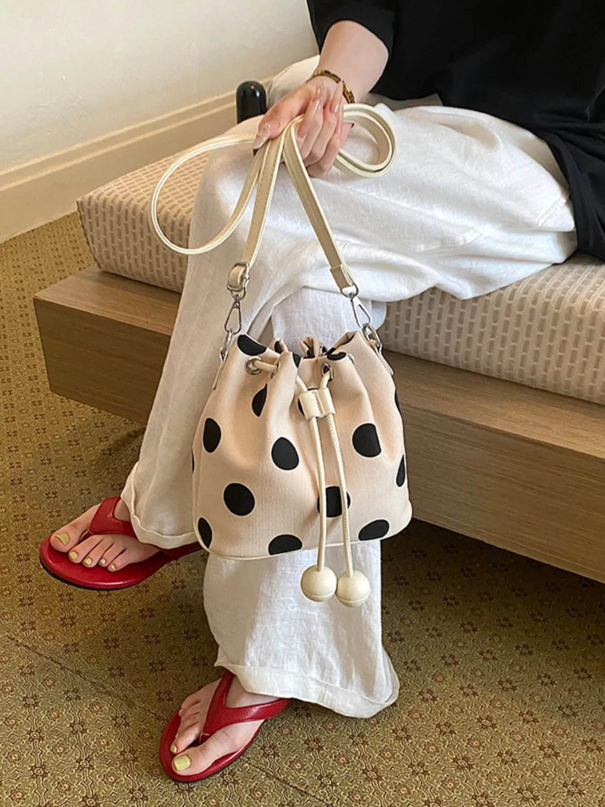 Polka Dot Drawstring Bucket Crossbody Bag
