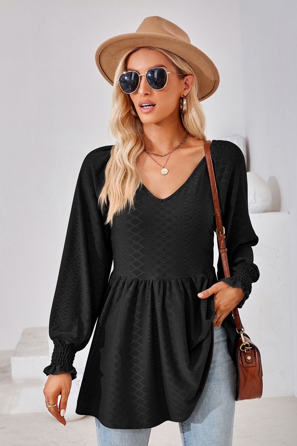 V-Neck Lantern Sleeve Blouse in Black