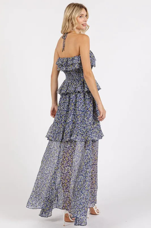 Mittoshop Ruffled Smocked Floral Halter Neck Maxi Dress - Lilixa.store