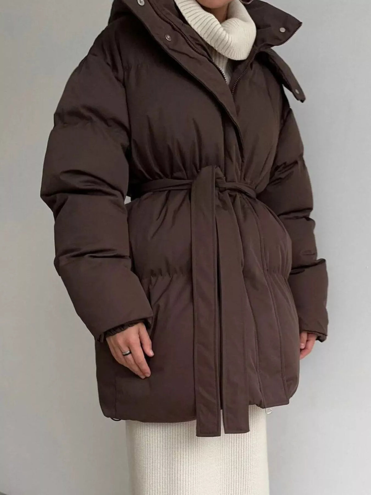 Mid-Length Thickened Hooded Winter Coat with Belted, view 2