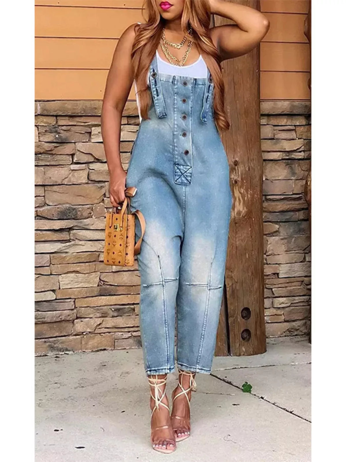 Full Size Button Front Denim Overalls with Pockets Plus Size - Lilixa.store