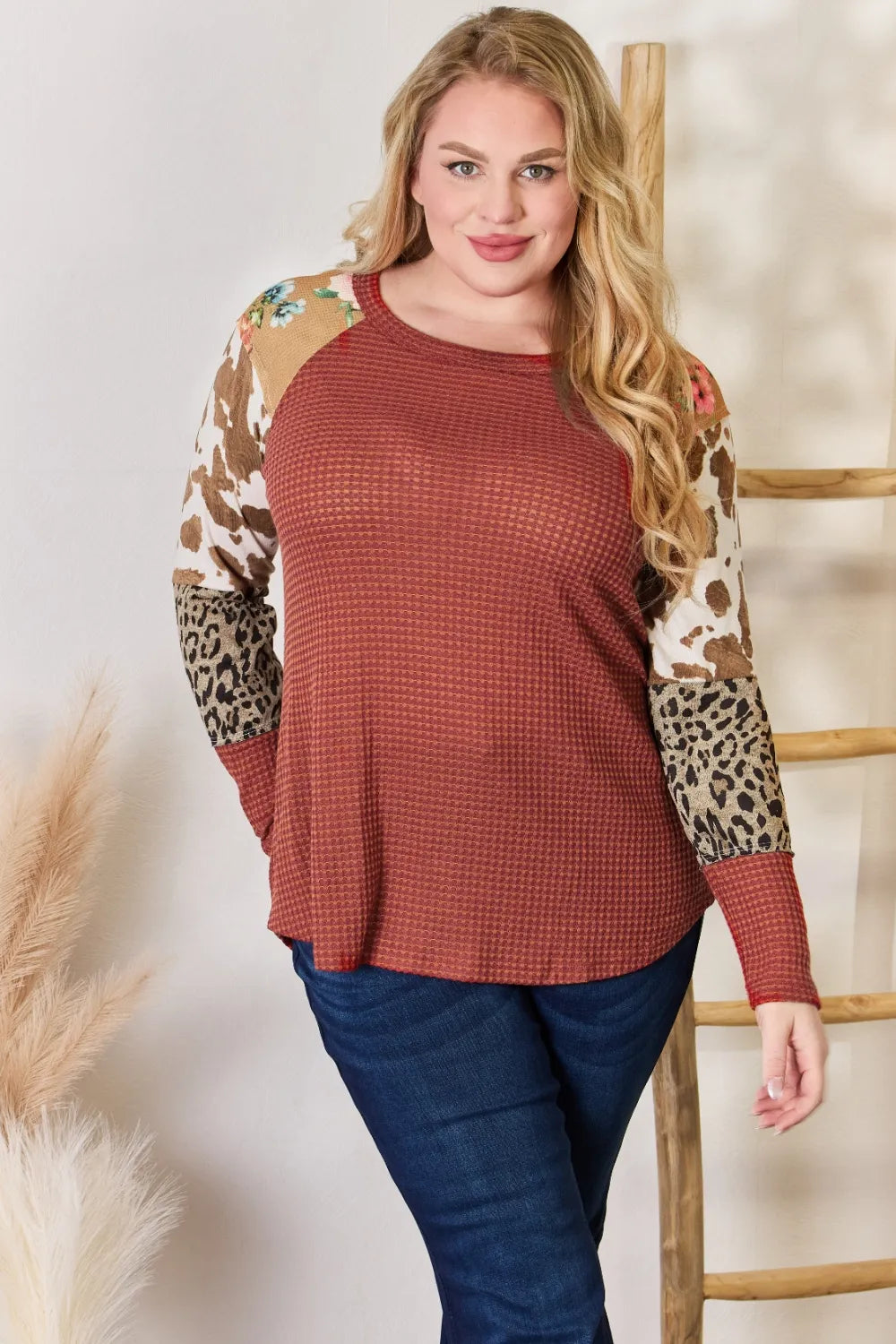 Hailey & Co Full Size Leopard Waffle-Knit Blouse - Lilixa.store