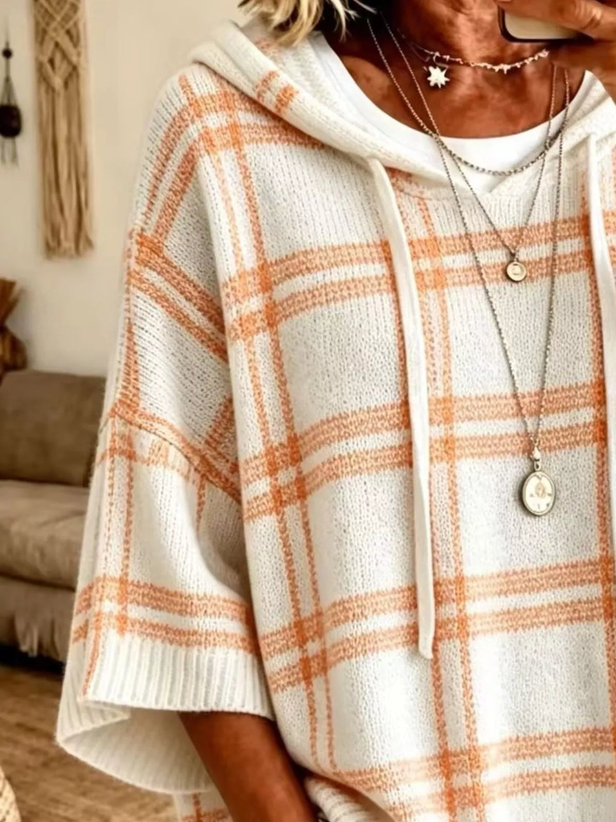 Plaid Hooded Knit Sweater, view 5