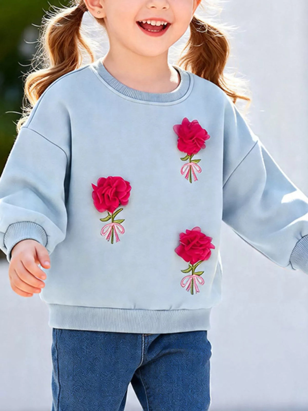 Children's Flower Applique Round Neck Sweatshirt - Lilixa.store