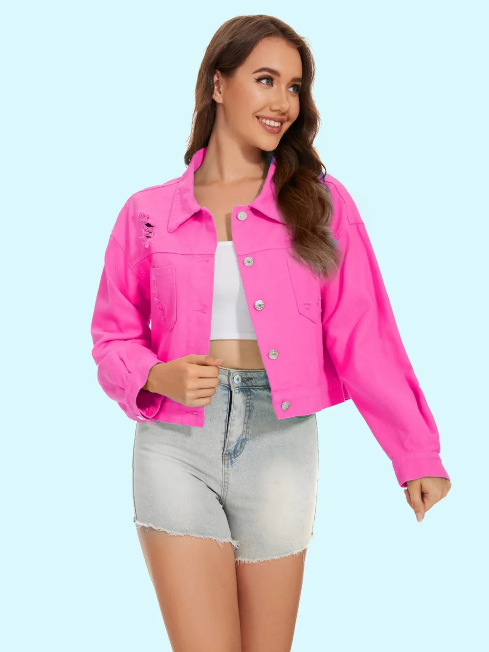 Distressed Distressed Button Up Denim Jacket, view 10