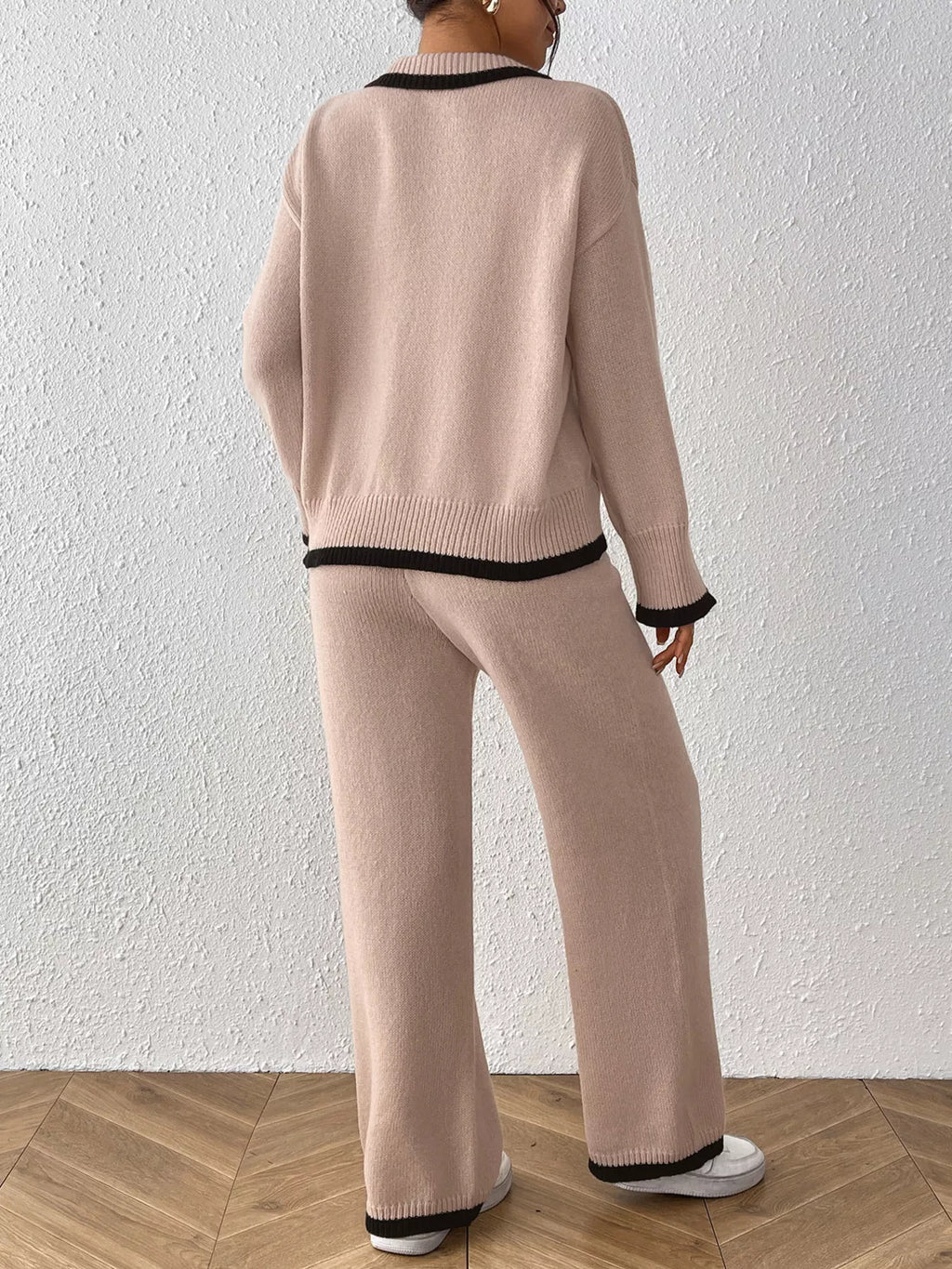 Contrast Trim Polo Collar Top and Pants Sweater Set - Lilixa.store
