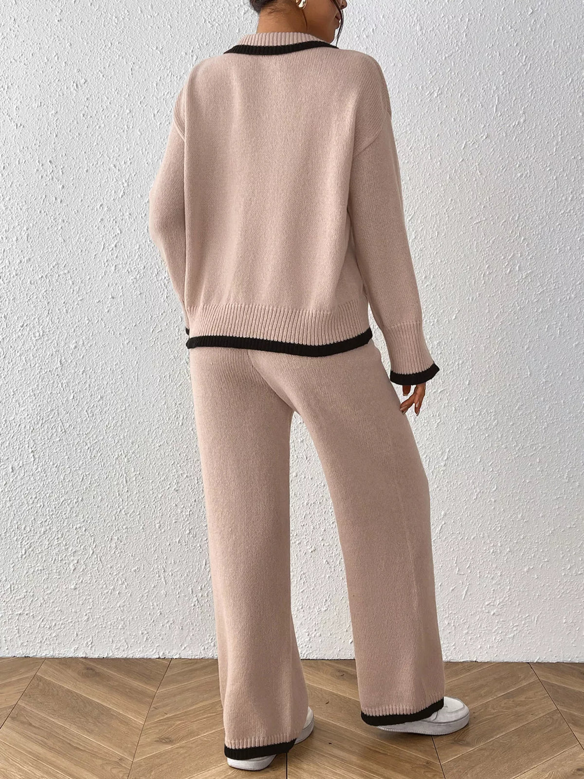 Contrast Trim Polo Collar Top and Pants Sweater Set - Lilixa.store