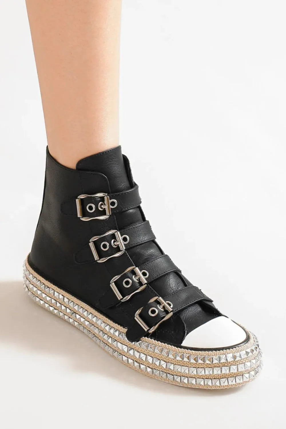 Beast Fashion Multi-Buckle Straps Studded Platform Sneakers - Lilixa.store