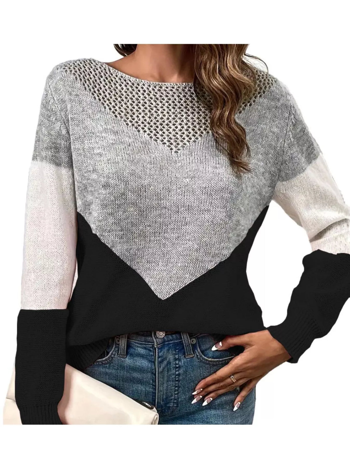 Openwork Color Block Long Sleeve Sweater - Lilixa.store