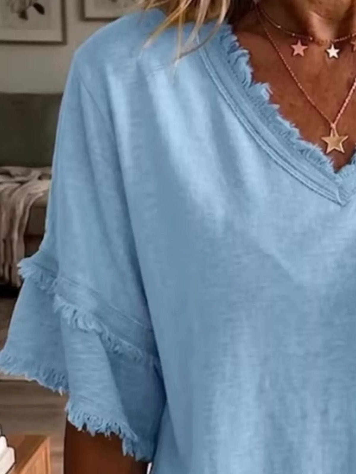Full Size Frayed Edge V-Neck Blouse Plus Size - Lilixa.store