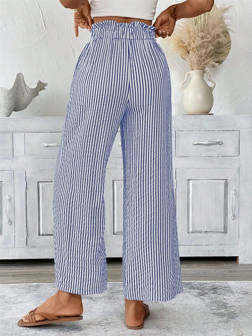 Full Size Striped Wide Leg Paper Bag Pants Plus Size - Lilixa.store
