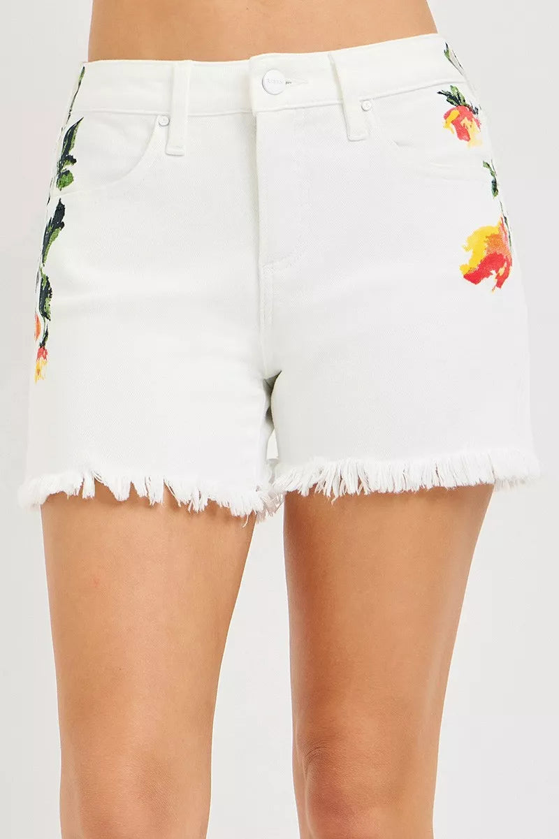 RISEN Tummy Control High Rise Flower Printed Shorts in White
