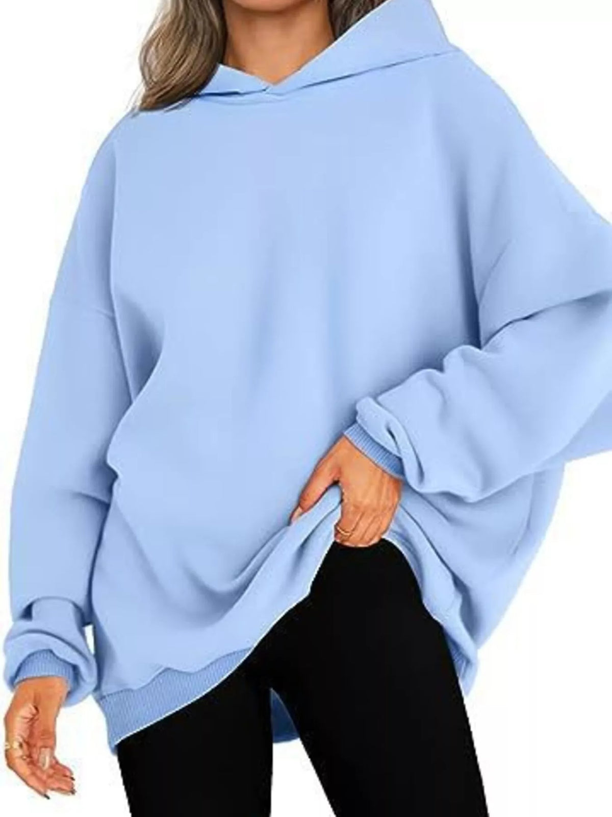 Drop Shoulder Long Sleeve Hoodie in Light Blue