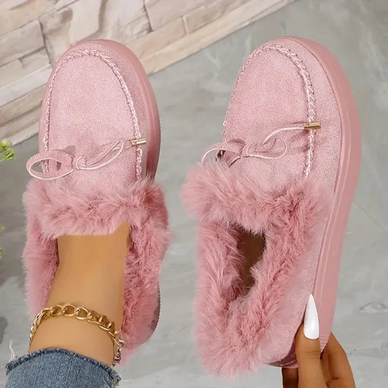 Bow Furry Round Toe Flat Slip-Ons in Pale Blush