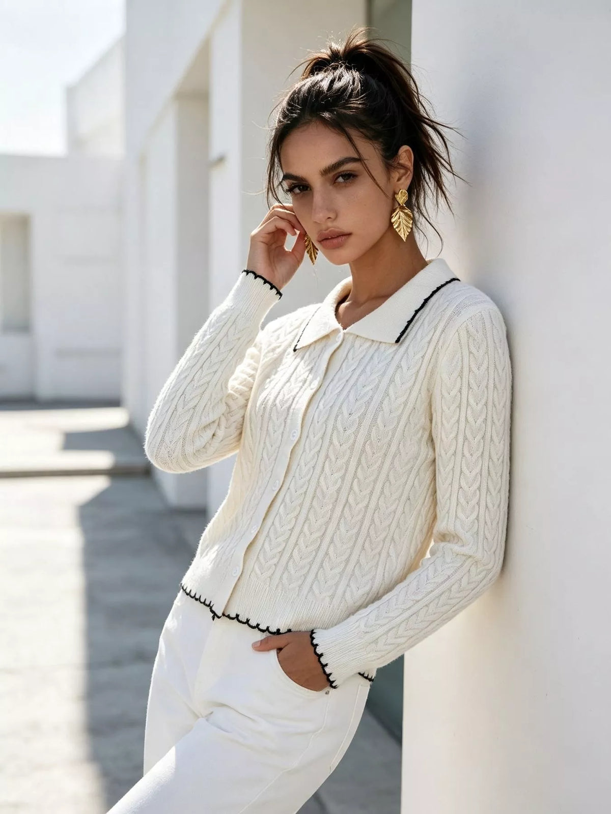 Cable Knit Polo Collar Button-Up Cardigan, view 6