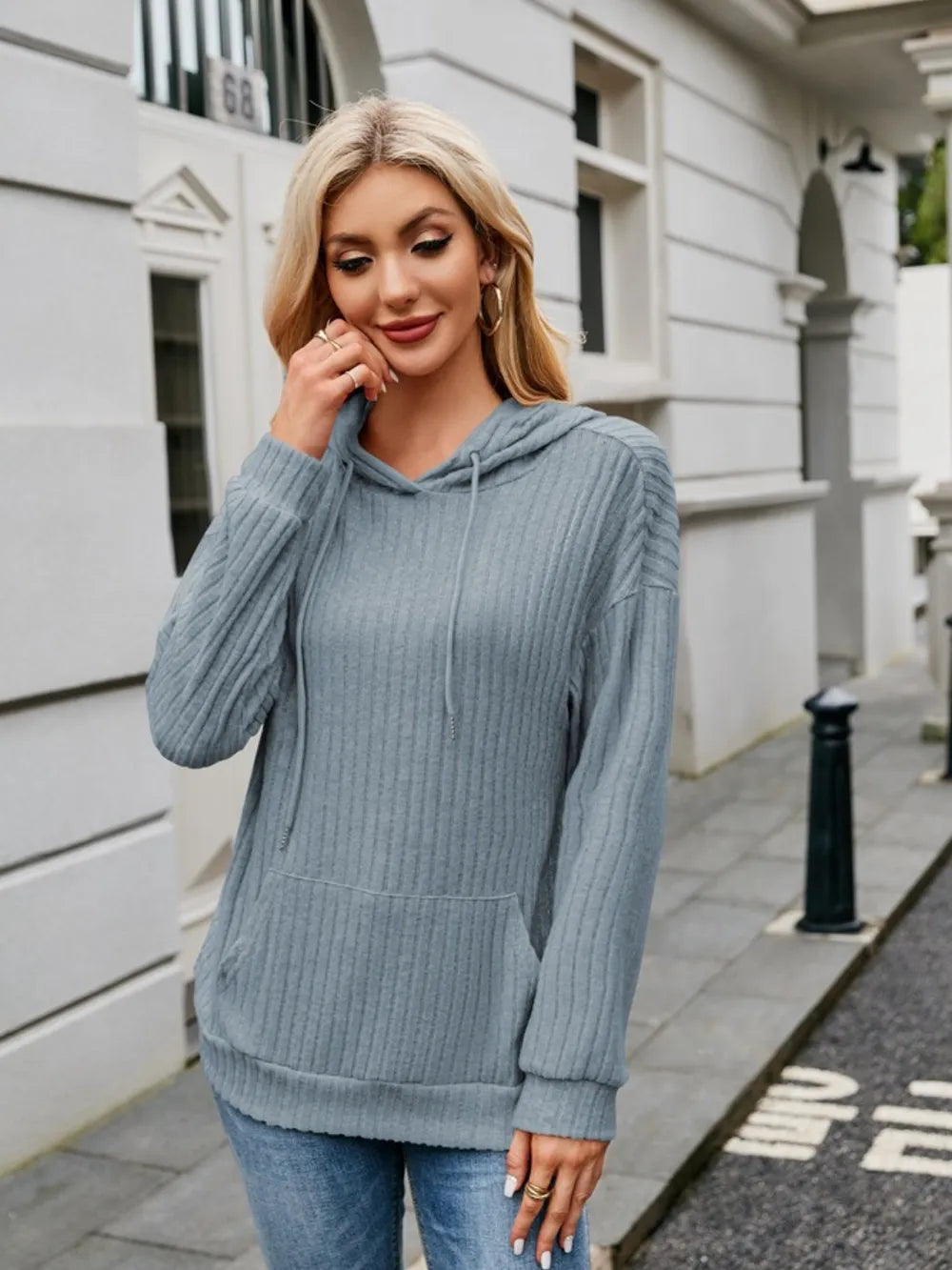 Ribbed Drawstring Long Sleeve Hoodie - Lilixa.store