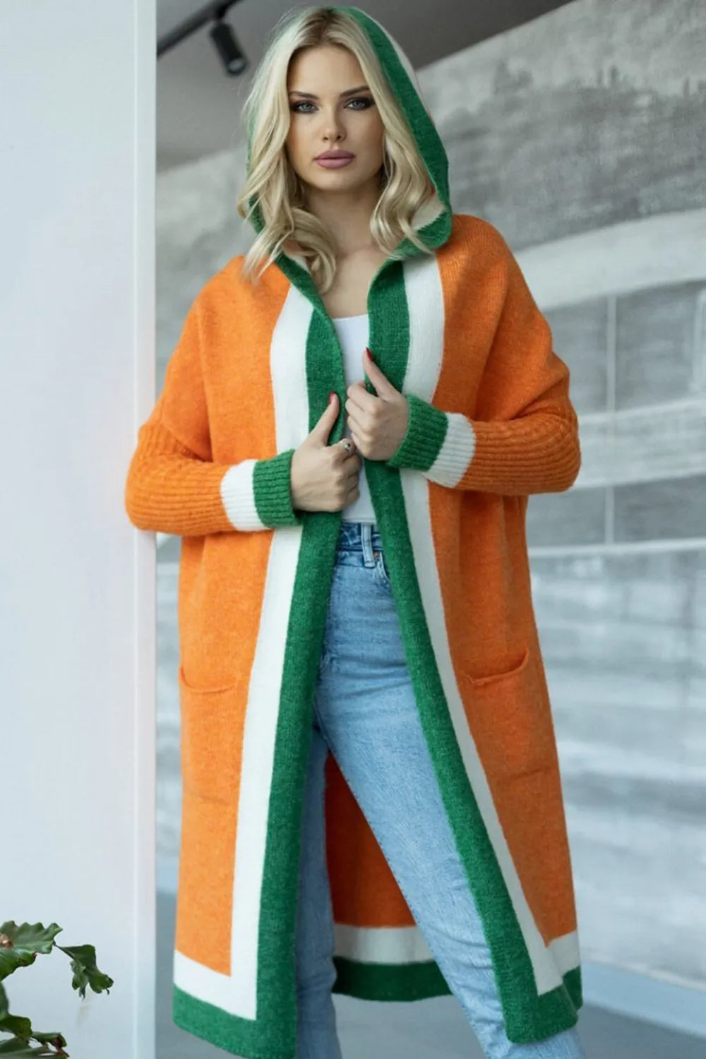 Pocketed Contrast Long Sleeve Hooded Cardigan - Lilixa.store