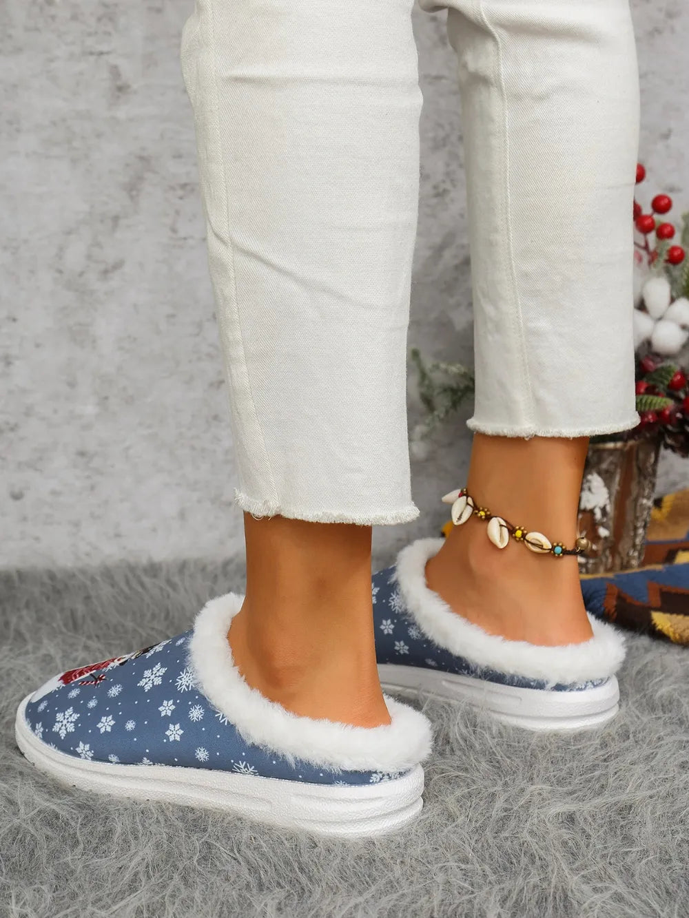 Snowman Print Flat Slippers with Faux Fur - Lilixa.store