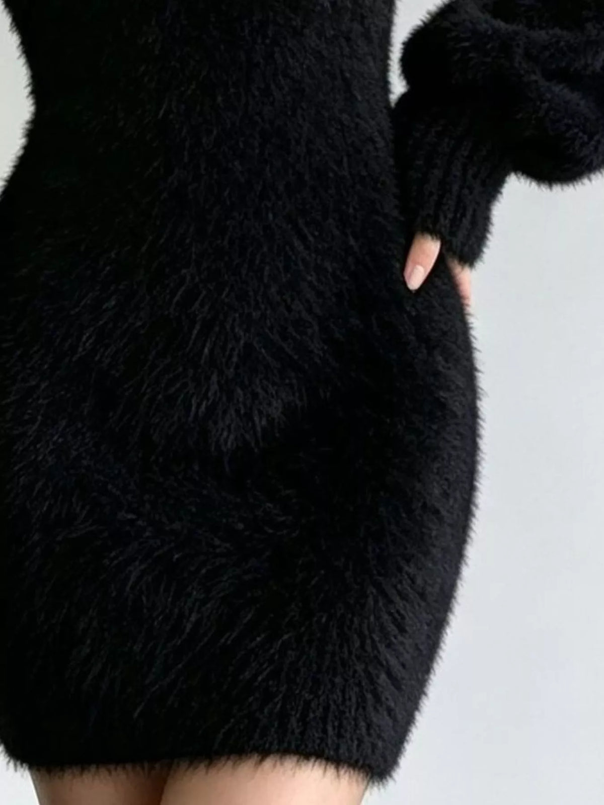 V-Neck Fuzzy Knit Sweater Dress - Lilixa.store
