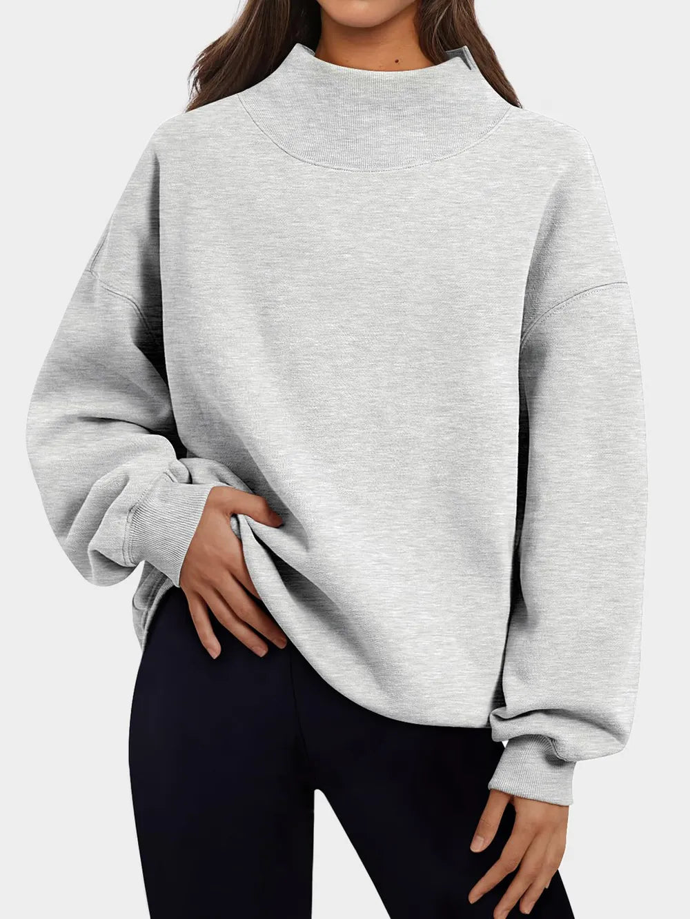 Mock Neck Drop Shoulder Long Sleeve Sweatshirt - Lilixa.store