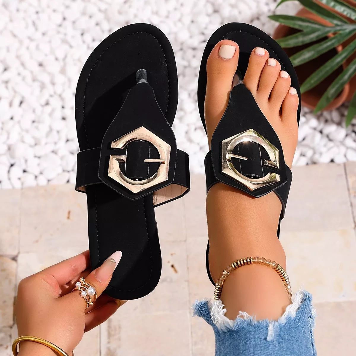 Toe Post Sandals in Black, view 3