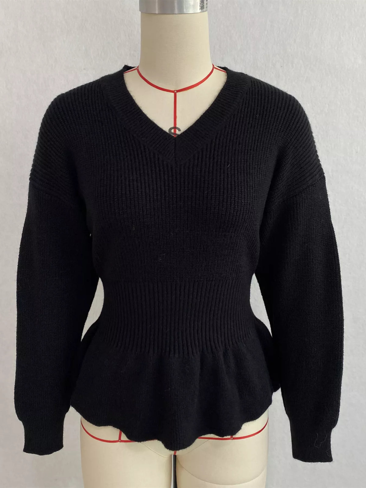 V-Neck Peplum Hem Ribbed Knit Top, view 12