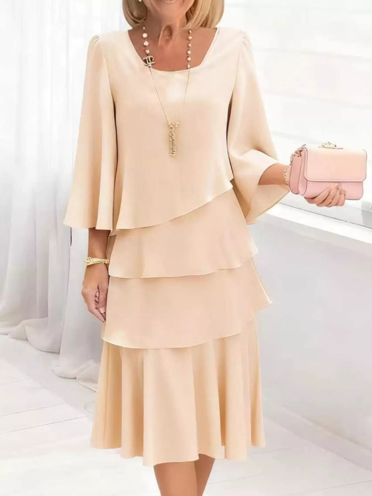 Full Size Ruffled Layered 3/4 Sleeve Dress Plus Size - Lilixa.store