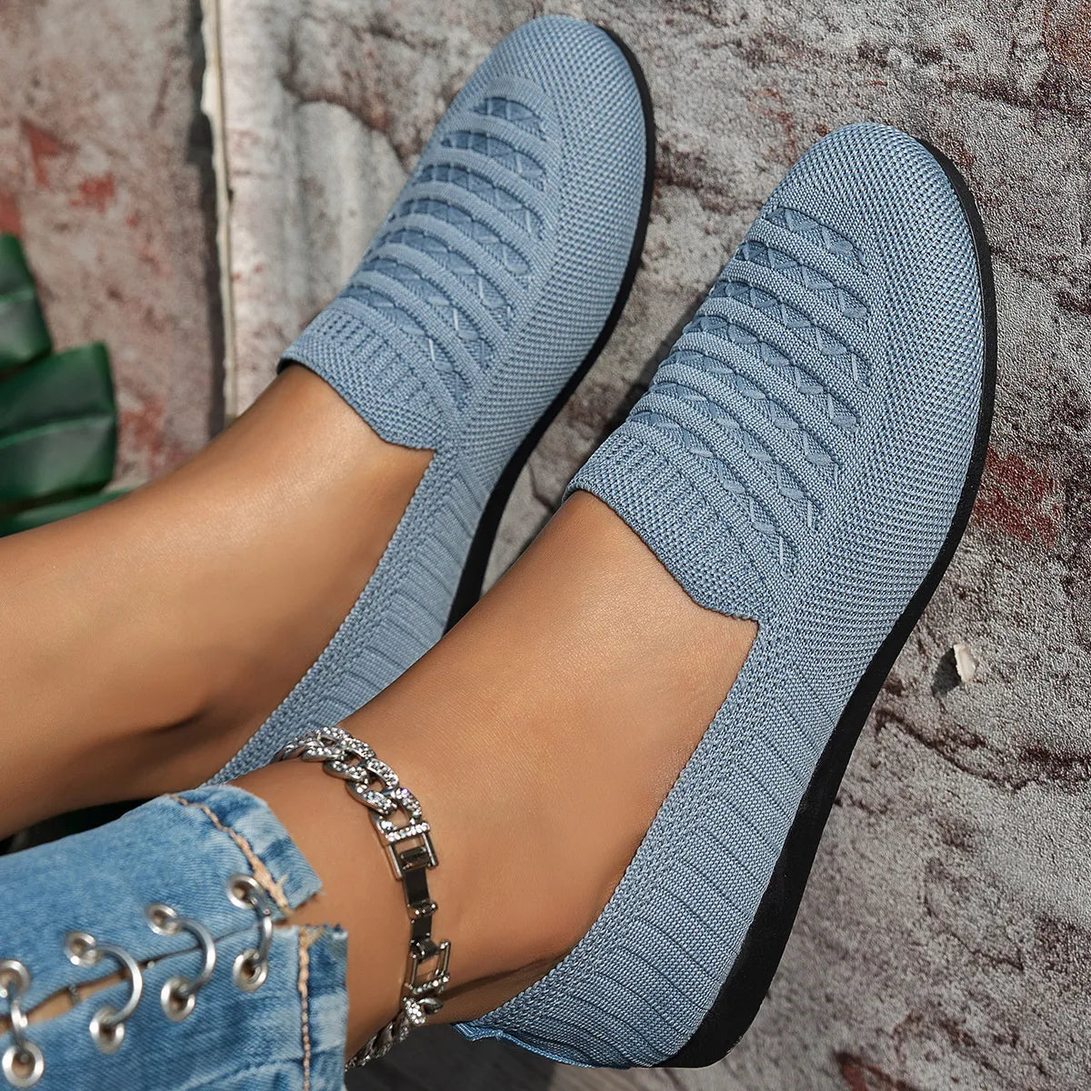 Breathable Knit Slip-On Loafers in Blue