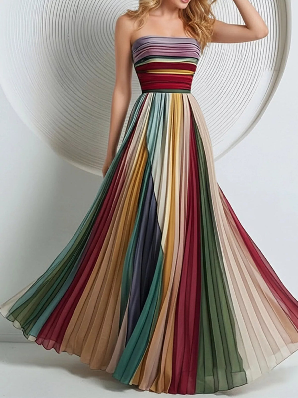 Striped Pleated Tube Maxi Dress - Lilixa.store
