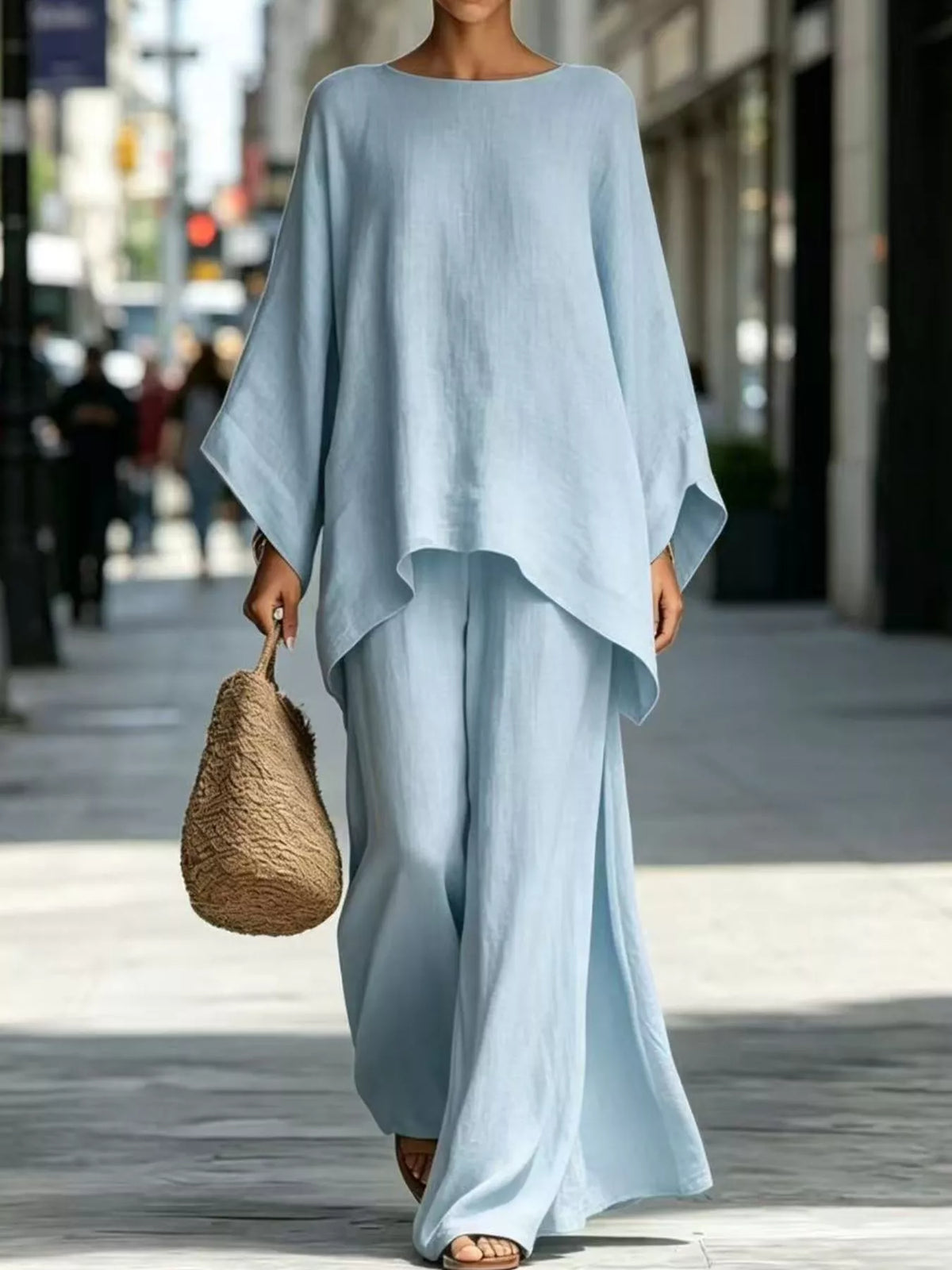 Full Size Batwing Sleeve Top and Wide-Leg Pants Set Plus Size in Light Blue
