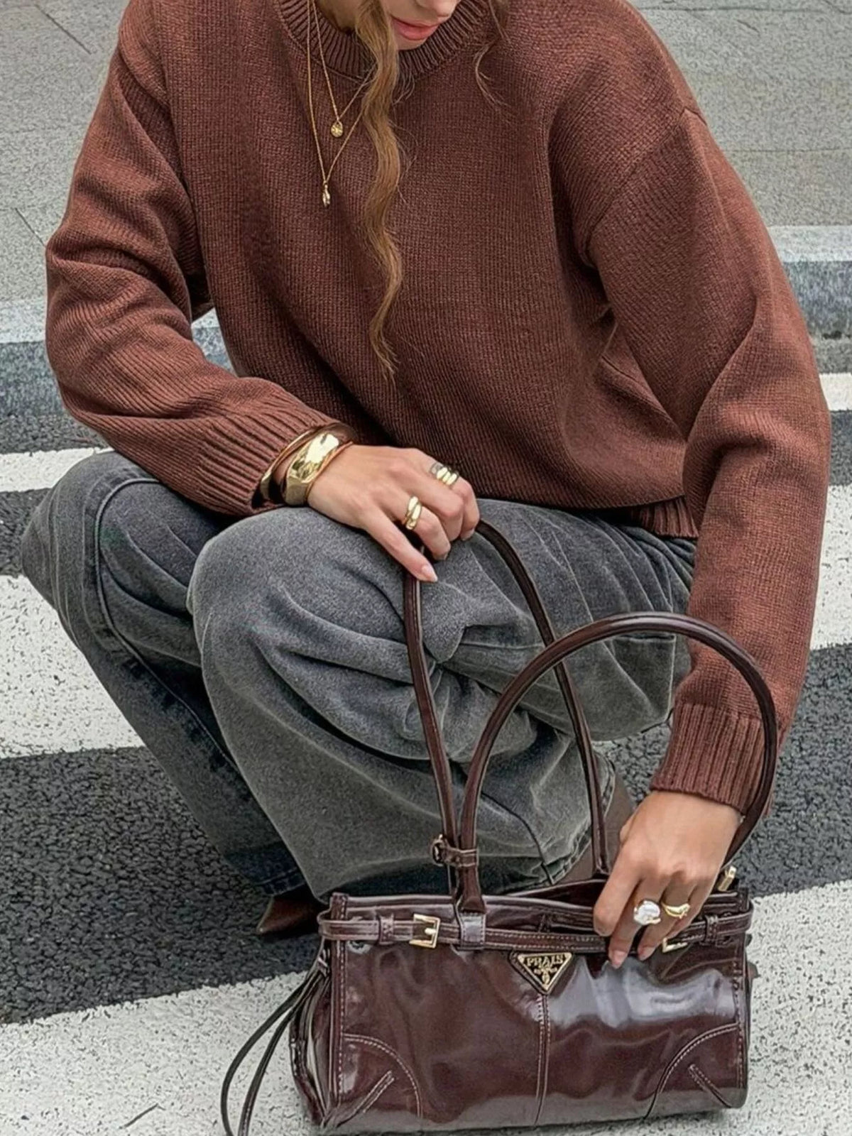 Crew Neck Ribbed Hem Sweater - Lilixa.store