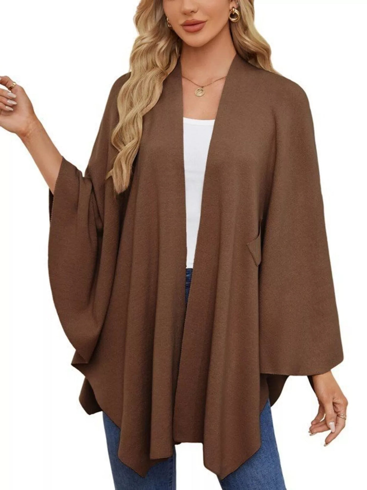 Solid Color Tie-Front Knit Cape Top, view 23