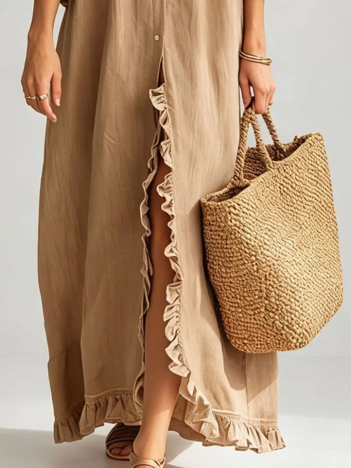Full Size Ruffled Trim Button-Down Maxi Shirt Dress Plus Size