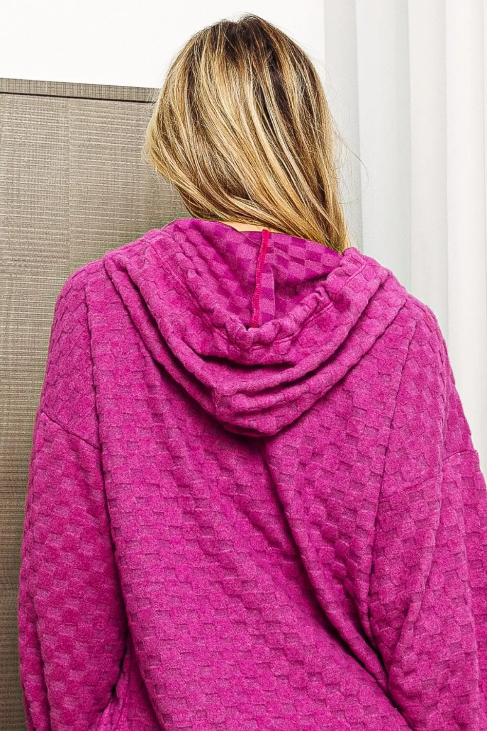 BiBi Brushed Checker Drawstring Long Sleeve Hoodie - Lilixa.store