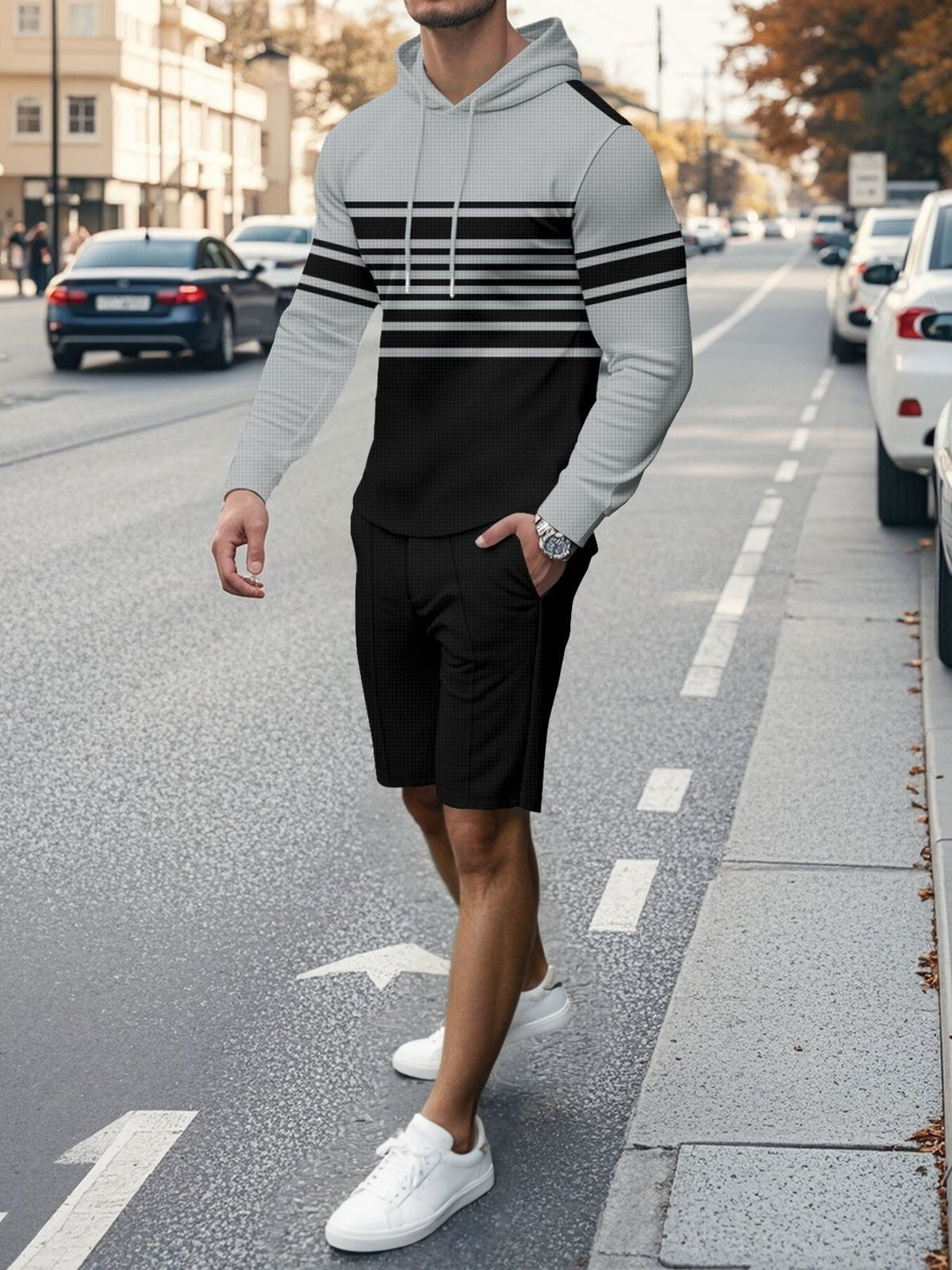Men's Full Size Striped Hoodie & Shorts Casual Set Plus Size - Lilixa.store