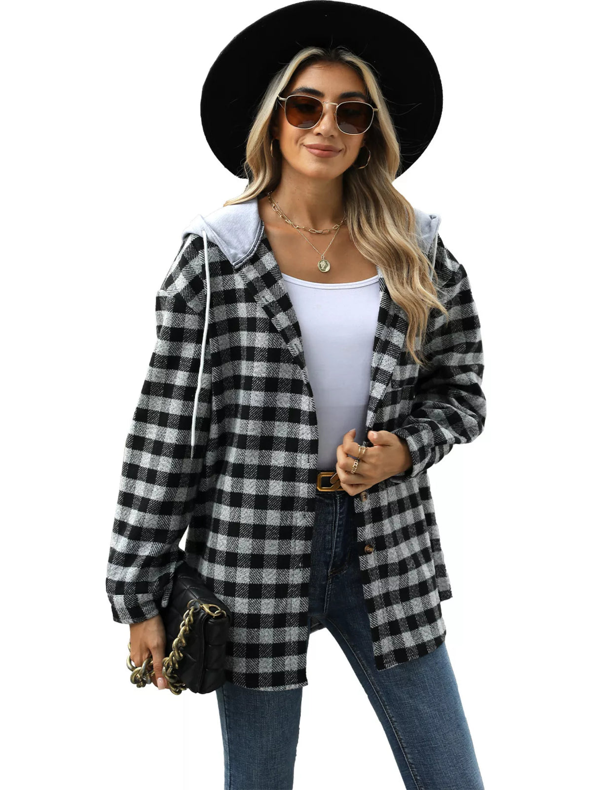 Plaid Button Up Long Sleeve Drawstring Hooded Jacket, view 5